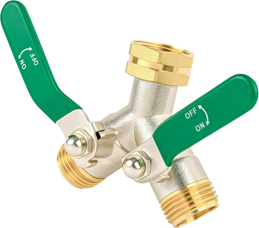2 Way Y Garden Hose Splitter, 3/4" GHT Thread Brass Hose Connector, High Flow Outdoor Faucet Splitter for RV Yard Garden Watering