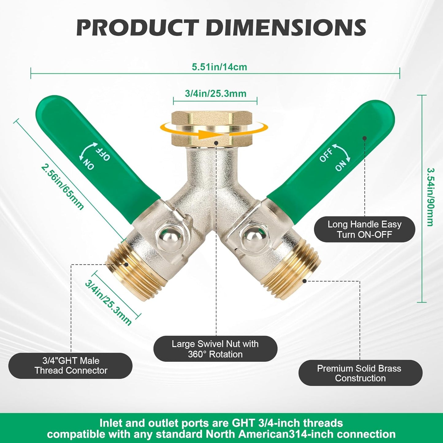 2 Way Y Garden Hose Splitter, 3/4" GHT Thread Brass Hose Connector, High Flow Outdoor Faucet Splitter for RV Yard Garden Watering
