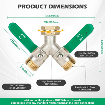 2 Way Y Garden Hose Splitter, 3/4" GHT Thread Brass Hose Connector, High Flow Outdoor Faucet Splitter for RV Yard Garden Watering