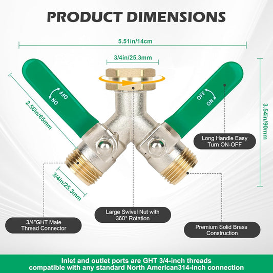 2 Way Y Garden Hose Splitter, 3/4" GHT Thread Brass Hose Connector, High Flow Outdoor Faucet Splitter for RV Yard Garden Watering
