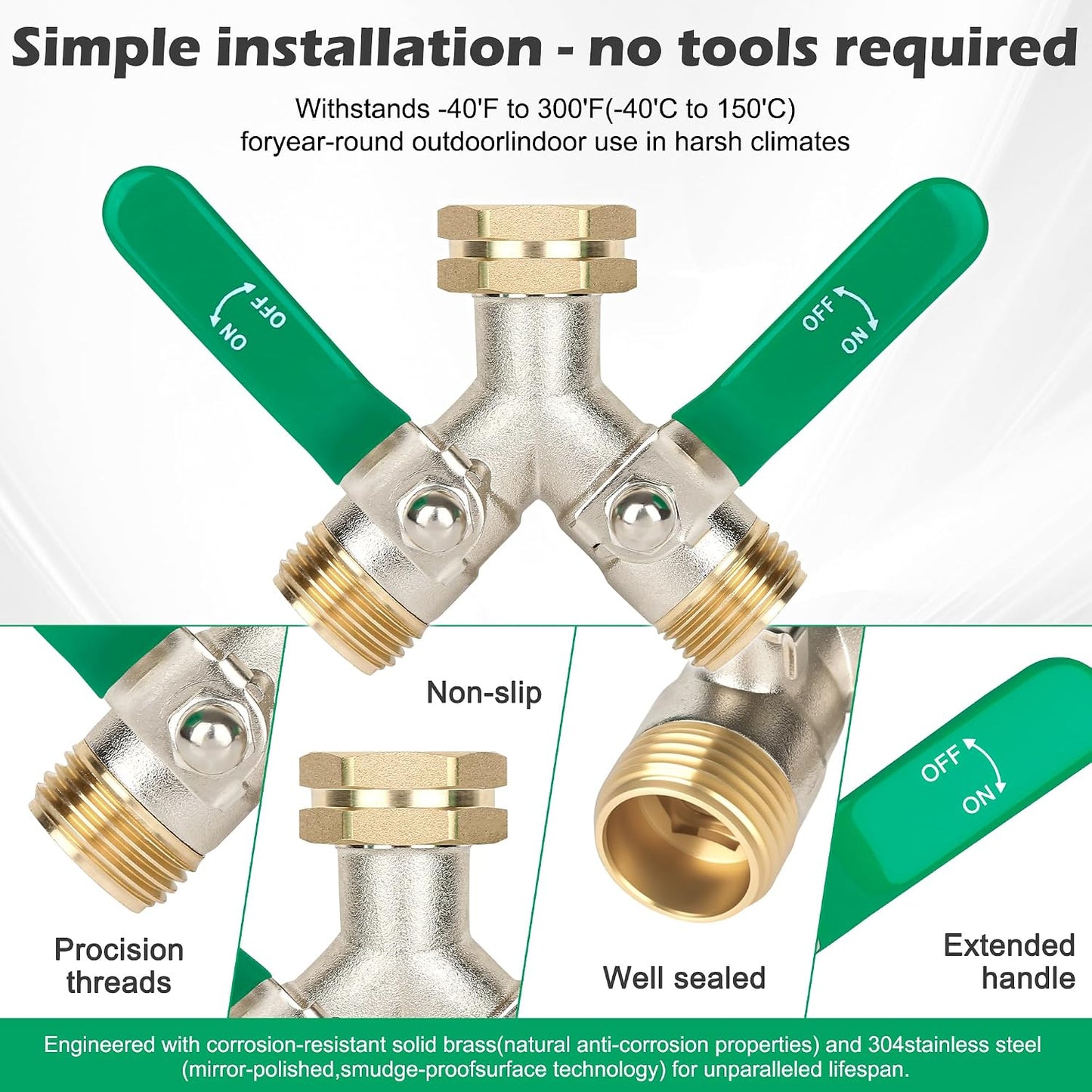 2 Way Y Garden Hose Splitter, 3/4" GHT Thread Brass Hose Connector, High Flow Outdoor Faucet Splitter for RV Yard Garden Watering