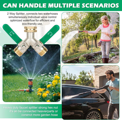 2 Way Y Garden Hose Splitter, 3/4" GHT Thread Brass Hose Connector, High Flow Outdoor Faucet Splitter for RV Yard Garden Watering