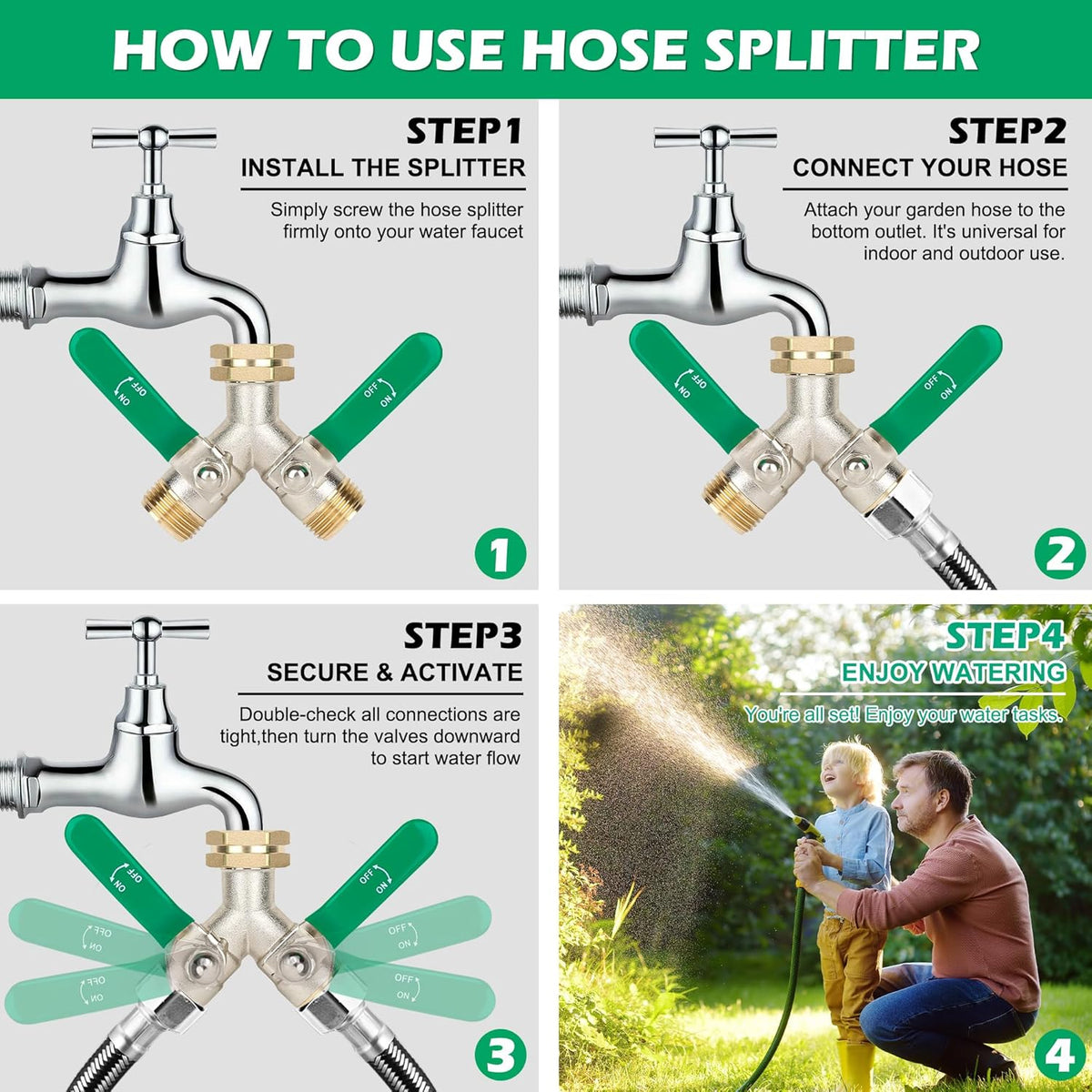 2 Way Y Garden Hose Splitter, 3/4" GHT Thread Brass Hose Connector, High Flow Outdoor Faucet Splitter for RV Yard Garden Watering