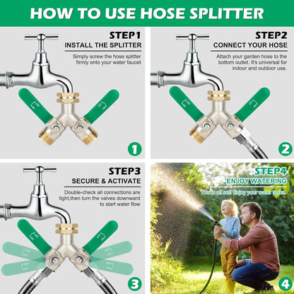 2 Way Y Garden Hose Splitter, 3/4" GHT Thread Brass Hose Connector, High Flow Outdoor Faucet Splitter for RV Yard Garden Watering
