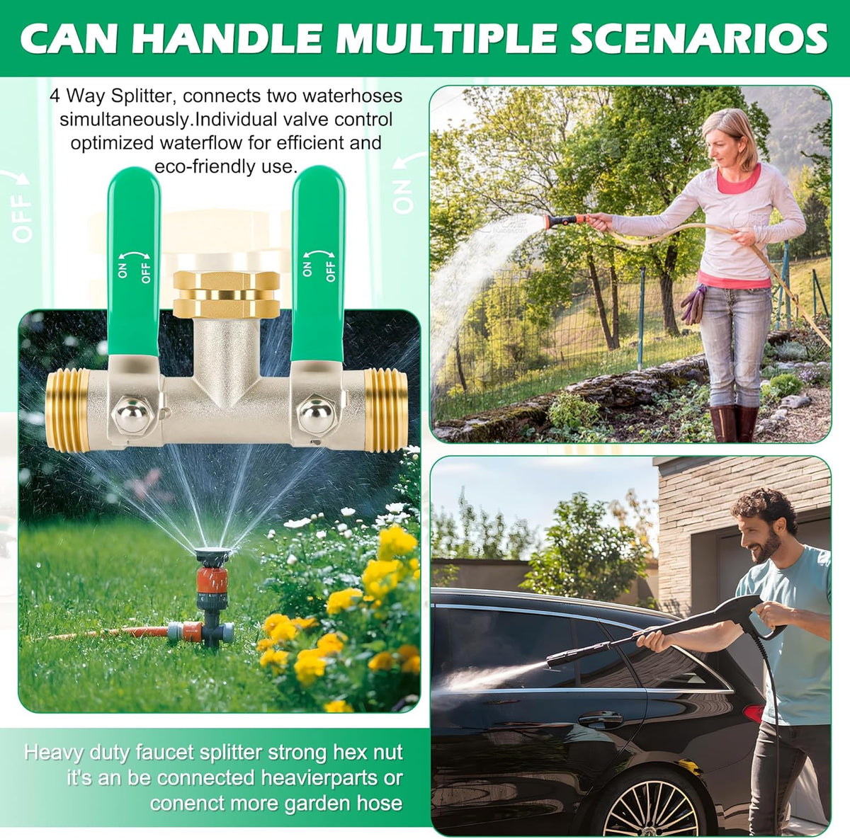 2 Way Y Garden Hose Splitter, 3/4" GHT Thread Brass Hose Connector, High Flow Outdoor Faucet Splitter for RV Yard Garden Watering