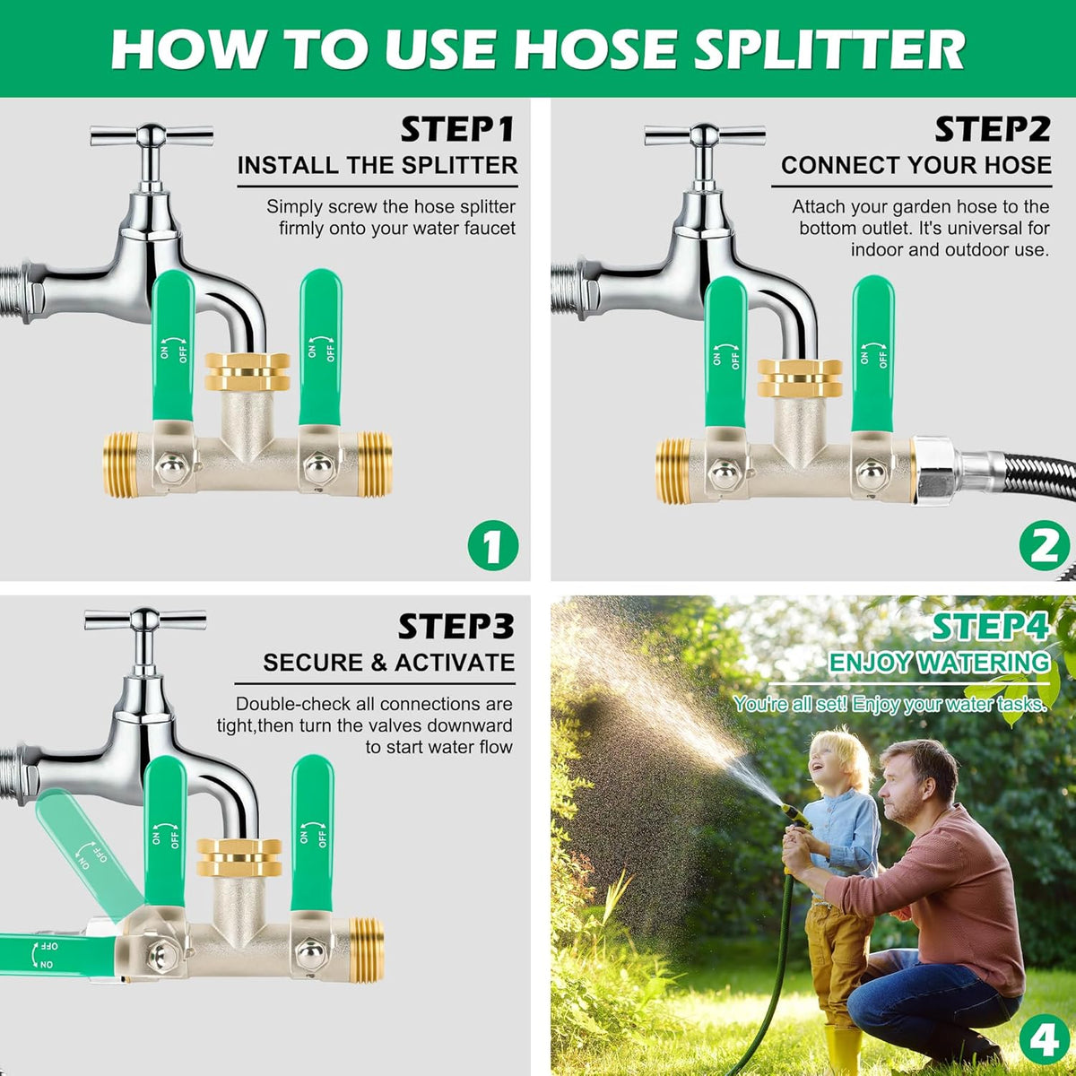 2 Way Y Garden Hose Splitter, 3/4" GHT Thread Brass Hose Connector, High Flow Outdoor Faucet Splitter for RV Yard Garden Watering