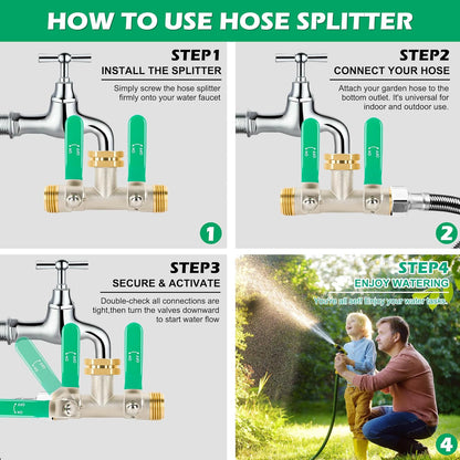 2 Way Y Garden Hose Splitter, 3/4" GHT Thread Brass Hose Connector, High Flow Outdoor Faucet Splitter for RV Yard Garden Watering