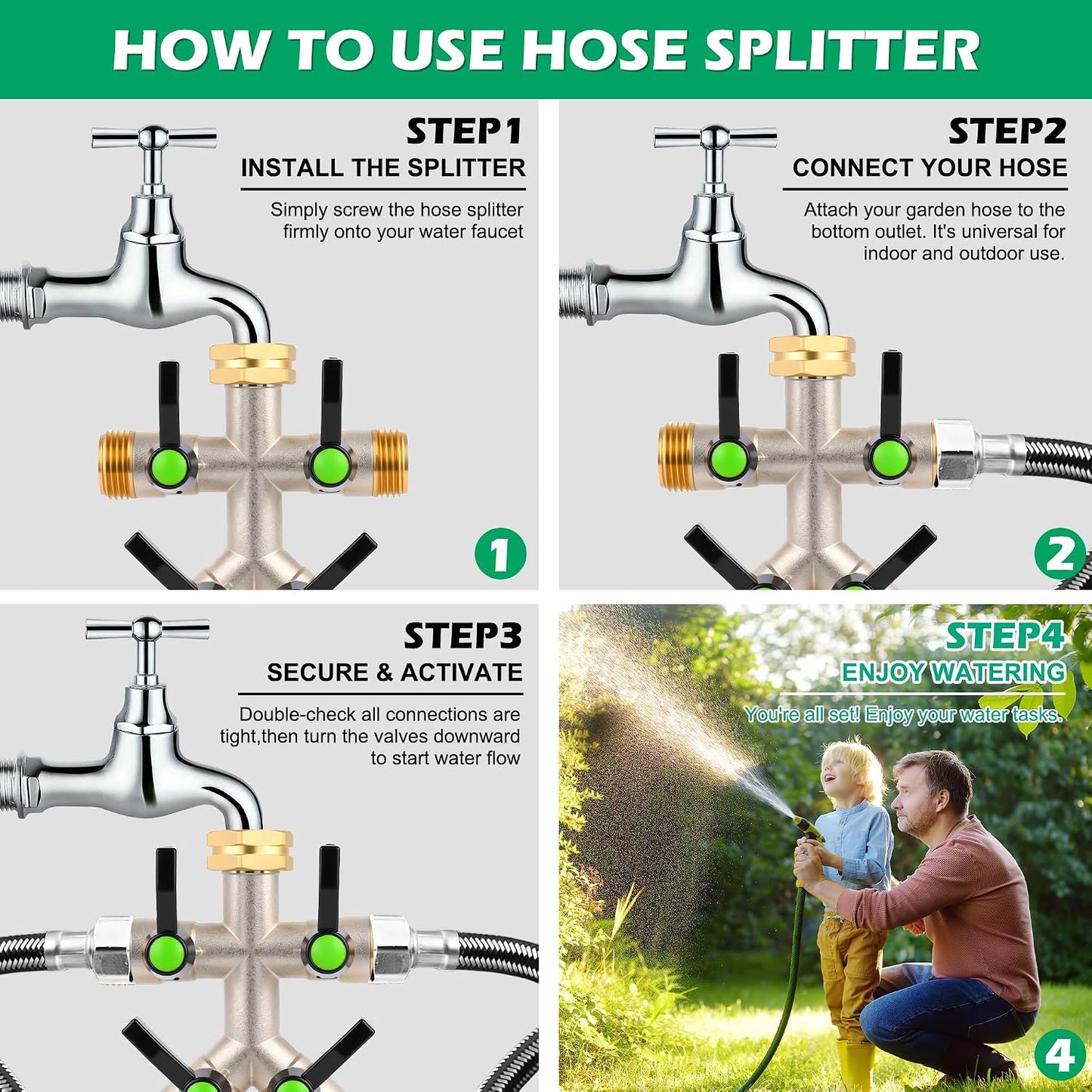 2 Way Y Garden Hose Splitter, 3/4" GHT Thread Brass Hose Connector, High Flow Outdoor Faucet Splitter for RV Yard Garden Watering