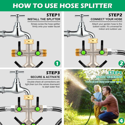 2 Way Y Garden Hose Splitter, 3/4" GHT Thread Brass Hose Connector, High Flow Outdoor Faucet Splitter for RV Yard Garden Watering