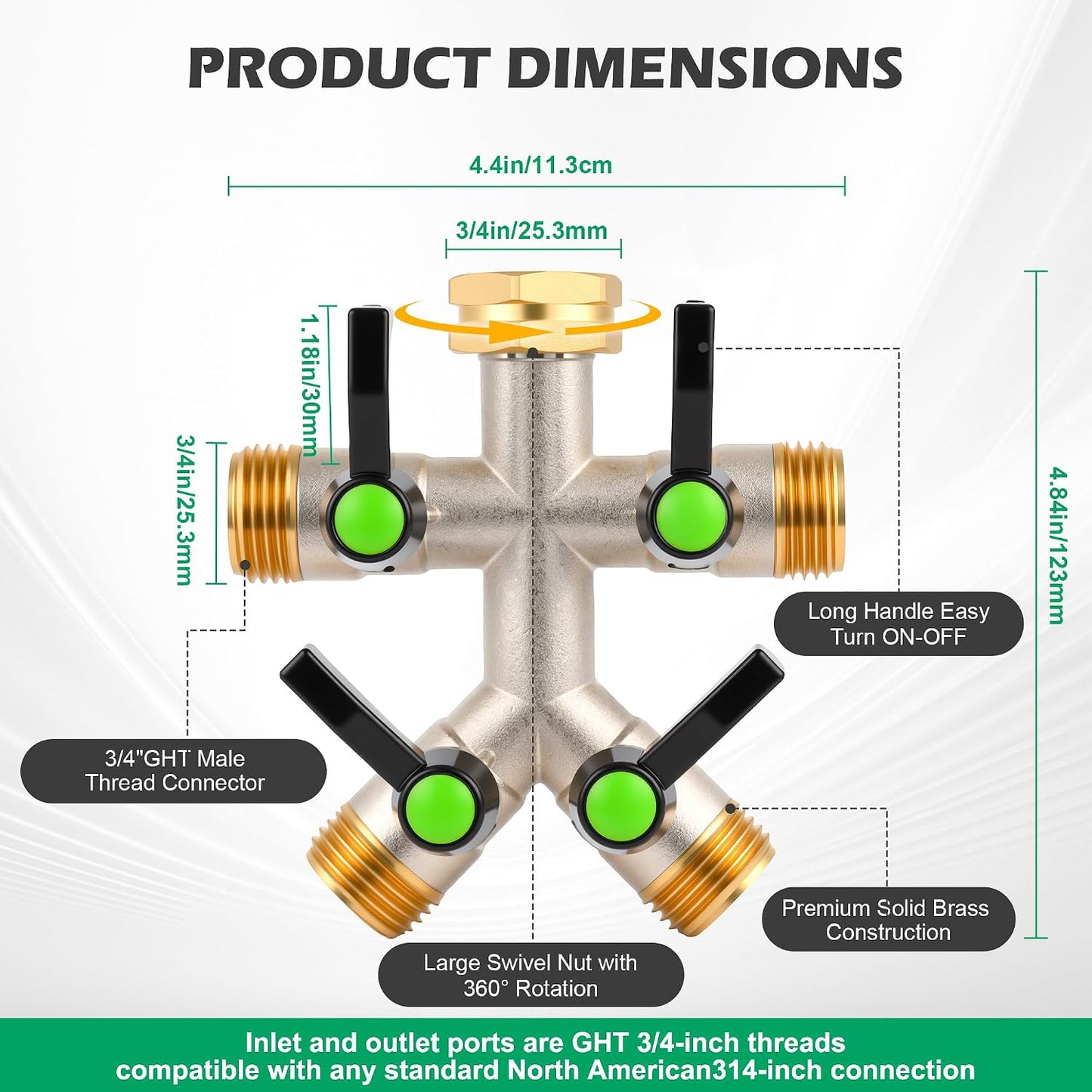 2 Way Y Garden Hose Splitter, 3/4" GHT Thread Brass Hose Connector, High Flow Outdoor Faucet Splitter for RV Yard Garden Watering
