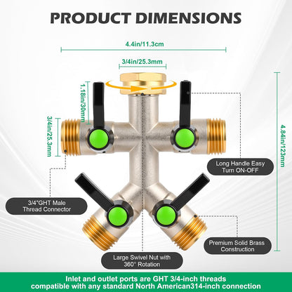 2 Way Y Garden Hose Splitter, 3/4" GHT Thread Brass Hose Connector, High Flow Outdoor Faucet Splitter for RV Yard Garden Watering