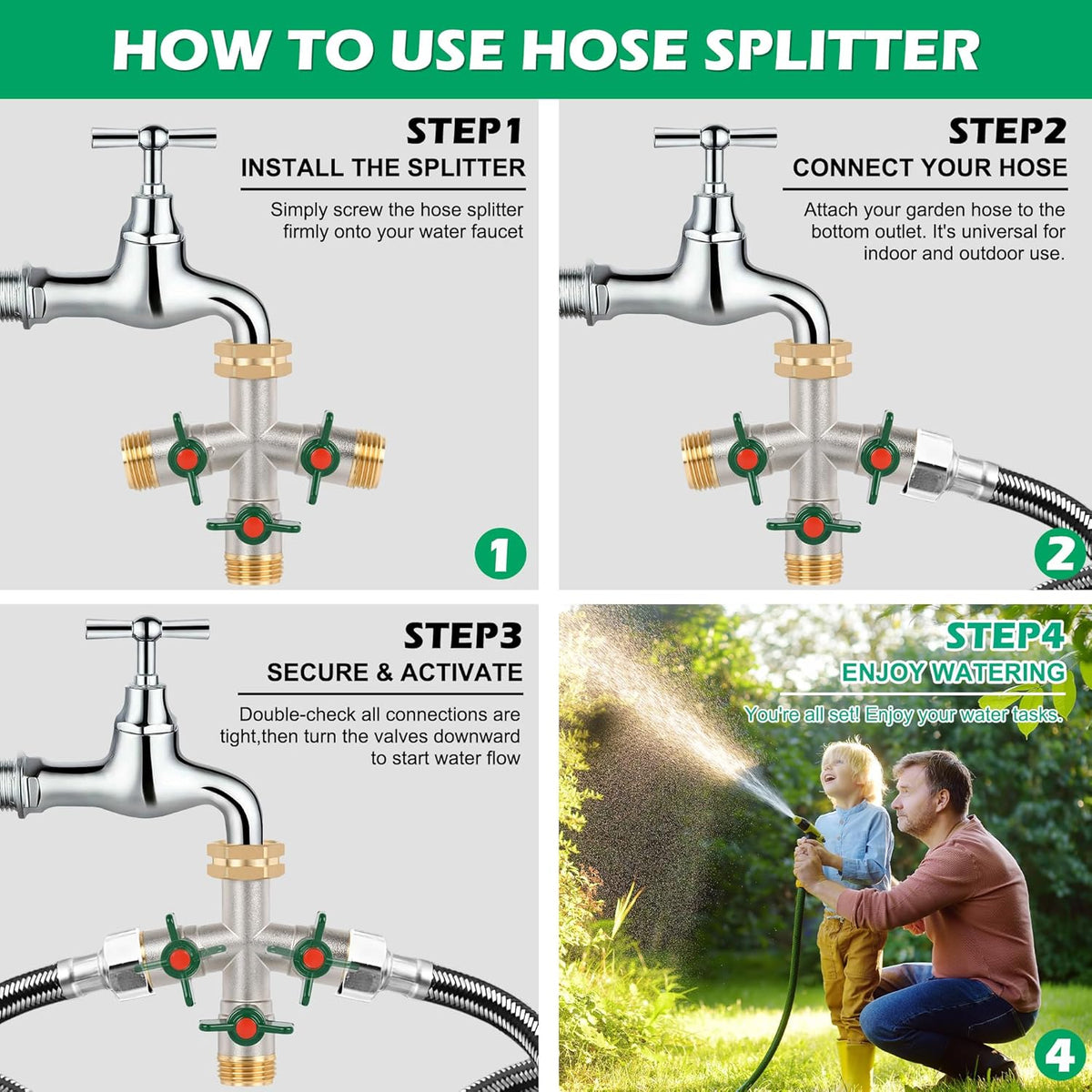 2 Way Y Garden Hose Splitter, 3/4" GHT Thread Brass Hose Connector, High Flow Outdoor Faucet Splitter for RV Yard Garden Watering