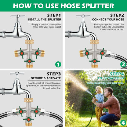 2 Way Y Garden Hose Splitter, 3/4" GHT Thread Brass Hose Connector, High Flow Outdoor Faucet Splitter for RV Yard Garden Watering