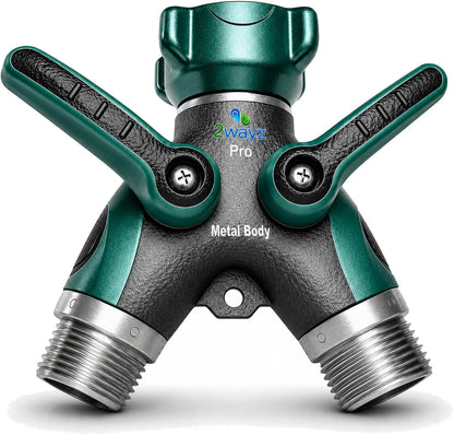 Hose Splitter 2 Way Heavy Duty Outdoor Faucet and Garden Connector - Water Spigot Splitter - Durable All-Metal Y Adapter with Shut-Off Valve - 4 x 4 x 1.5 Inches