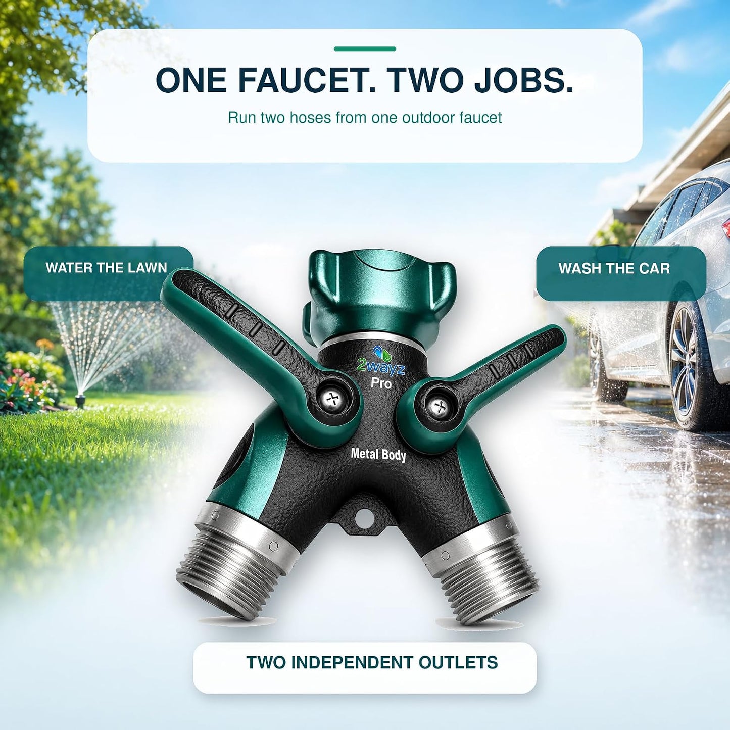 Hose Splitter 2 Way Heavy Duty Outdoor Faucet and Garden Connector - Water Spigot Splitter - Durable All-Metal Y Adapter with Shut-Off Valve - 4 x 4 x 1.5 Inches