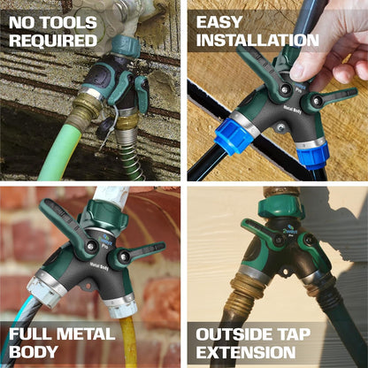 Hose Splitter 2 Way Heavy Duty Outdoor Faucet and Garden Connector - Water Spigot Splitter - Durable All-Metal Y Adapter with Shut-Off Valve - 4 x 4 x 1.5 Inches