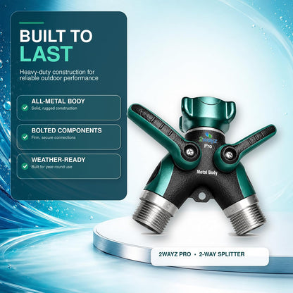 Hose Splitter 2 Way Heavy Duty Outdoor Faucet and Garden Connector - Water Spigot Splitter - Durable All-Metal Y Adapter with Shut-Off Valve - 4 x 4 x 1.5 Inches