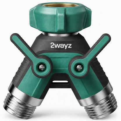 Hose Splitter 2 Way Heavy Duty Outdoor Faucet and Garden Connector - Water Spigot Splitter - Durable All-Metal Y Adapter with Shut-Off Valve - 4 x 4 x 1.5 Inches