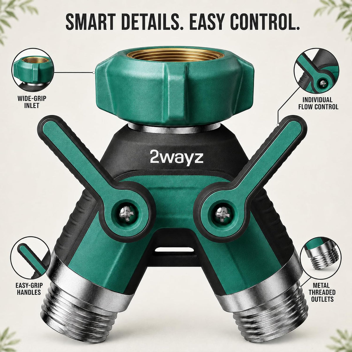 Hose Splitter 2 Way Heavy Duty Outdoor Faucet and Garden Connector - Water Spigot Splitter - Durable All-Metal Y Adapter with Shut-Off Valve - 4 x 4 x 1.5 Inches