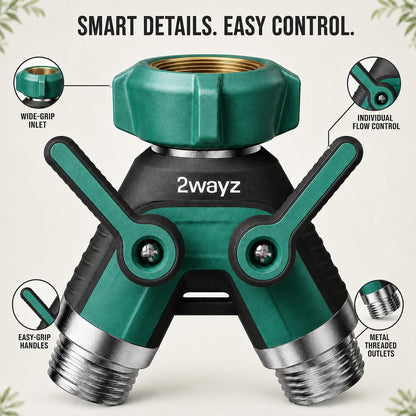 Hose Splitter 2 Way Heavy Duty Outdoor Faucet and Garden Connector - Water Spigot Splitter - Durable All-Metal Y Adapter with Shut-Off Valve - 4 x 4 x 1.5 Inches