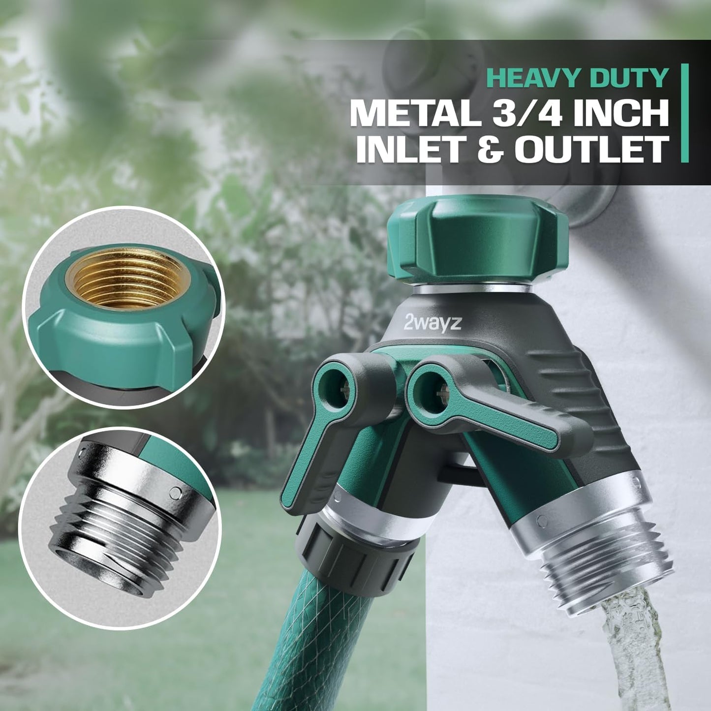 Hose Splitter 2 Way Heavy Duty Outdoor Faucet and Garden Connector - Water Spigot Splitter - Durable All-Metal Y Adapter with Shut-Off Valve - 4 x 4 x 1.5 Inches