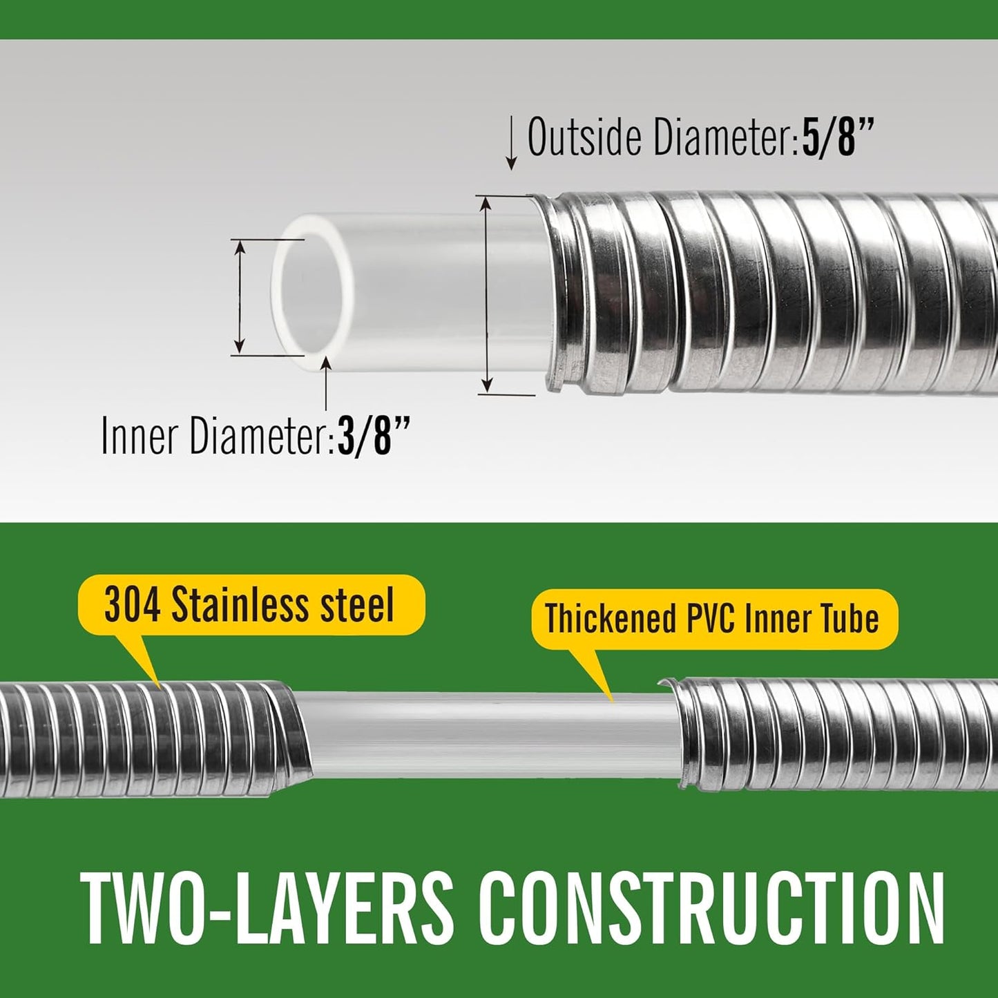 Stainless Steel Garden Hose,8ft, LeakProof,Flexible,F/M Connector