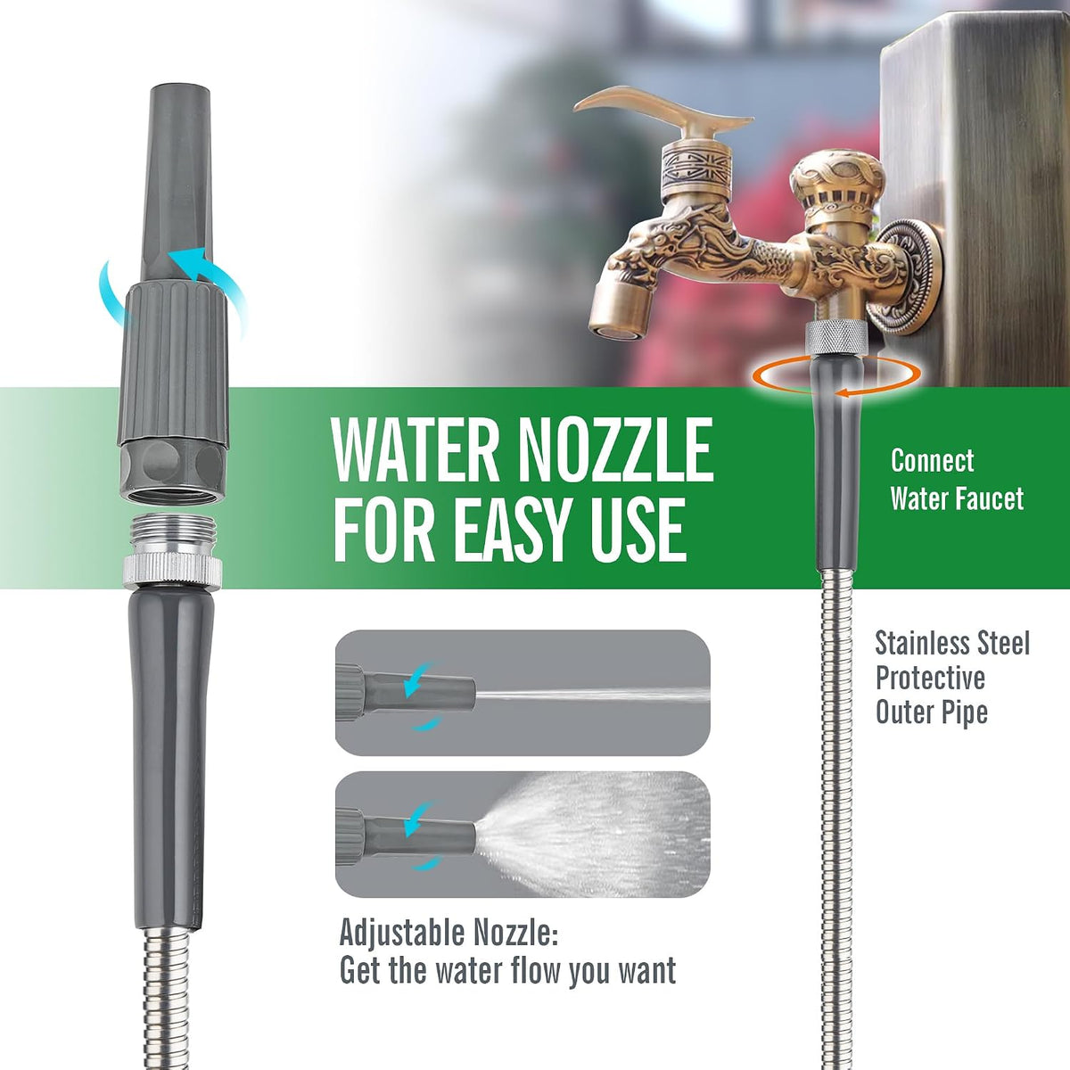 Stainless Steel Garden Hose,8ft, LeakProof,Flexible,F/M Connector