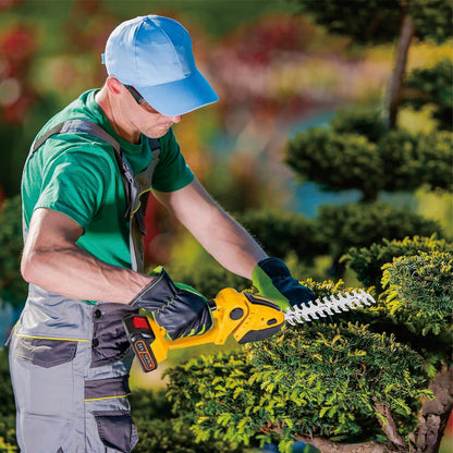 Hedge Trimmer Cordless with Battery and Charger 21V Electric Brush Grass Shrub Trimmer 2 in 1 Handheld Mini Grass Shears Grass Cutter Battery Powered Hedge Trimmer Yellow
