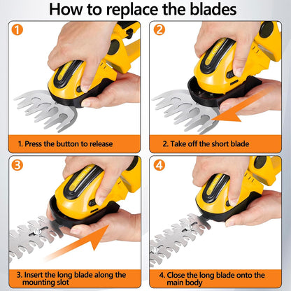 Hedge Trimmer Cordless with Battery and Charger 21V Electric Brush Grass Shrub Trimmer 2 in 1 Handheld Mini Grass Shears Grass Cutter Battery Powered Hedge Trimmer Yellow