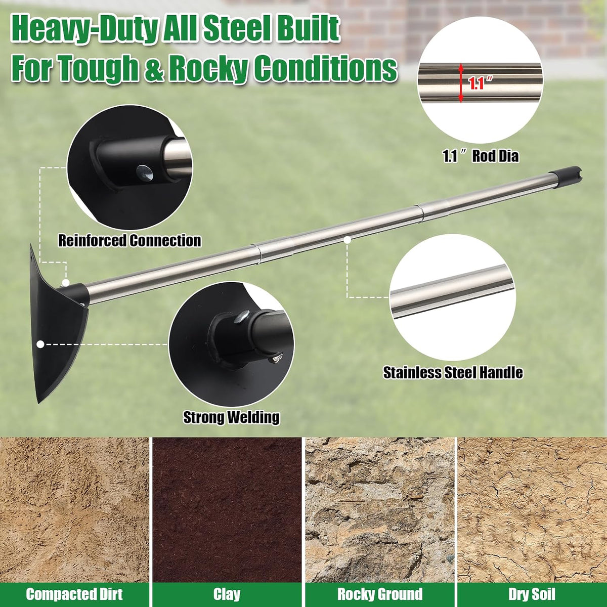 Heavy Duty Garden Hoe, Adjustable Long Handle Trenching Hoe 30-60 Inch, Sharp Triangle Blade Weeding Hoe for Weeds Removal, Cultivating, Digging, Loosening Soil & Trenching