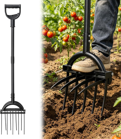 Broad Fork Garden Tool, 63" Heavy Duty Broadfork Hand Tiller with Double 5+4 Sharp Tines, Garden Pitchfork with Ergonomic D-Shaped Handle, Spading Dig