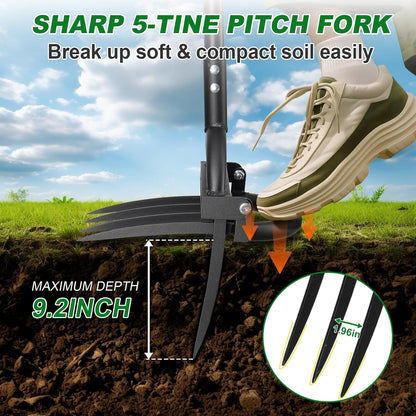 Broad Fork Garden Tool, 63" Heavy Duty Broadfork Hand Tiller with Double 5+4 Sharp Tines, Garden Pitchfork with Ergonomic D-Shaped Handle, Spading Dig