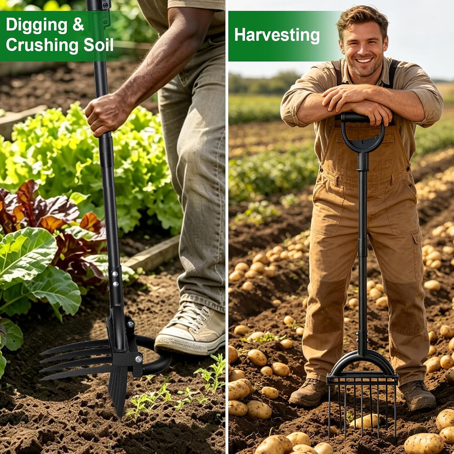Broad Fork Garden Tool, 63" Heavy Duty Broadfork Hand Tiller with Double 5+4 Sharp Tines, Garden Pitchfork with Ergonomic D-Shaped Handle, Spading Dig