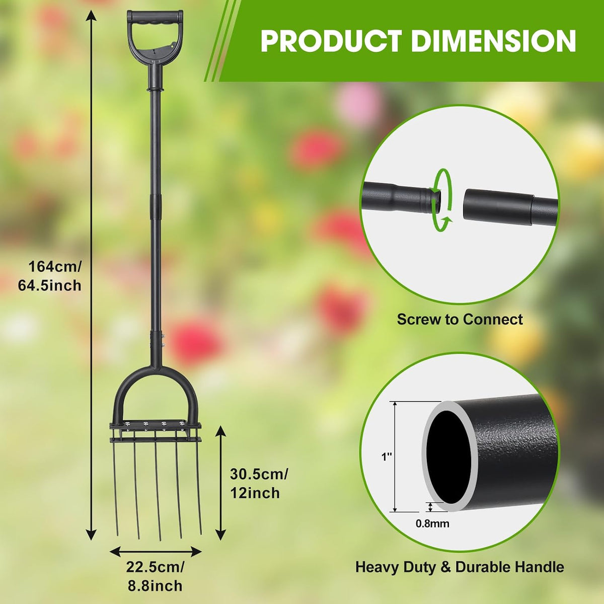 Broad Fork Garden Tool, 63" Heavy Duty Broadfork Hand Tiller with Double 5+4 Sharp Tines, Garden Pitchfork with Ergonomic D-Shaped Handle, Spading Dig