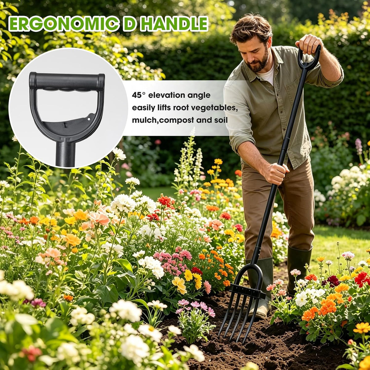 Broad Fork Garden Tool, 63" Heavy Duty Broadfork Hand Tiller with Double 5+4 Sharp Tines, Garden Pitchfork with Ergonomic D-Shaped Handle, Spading Dig