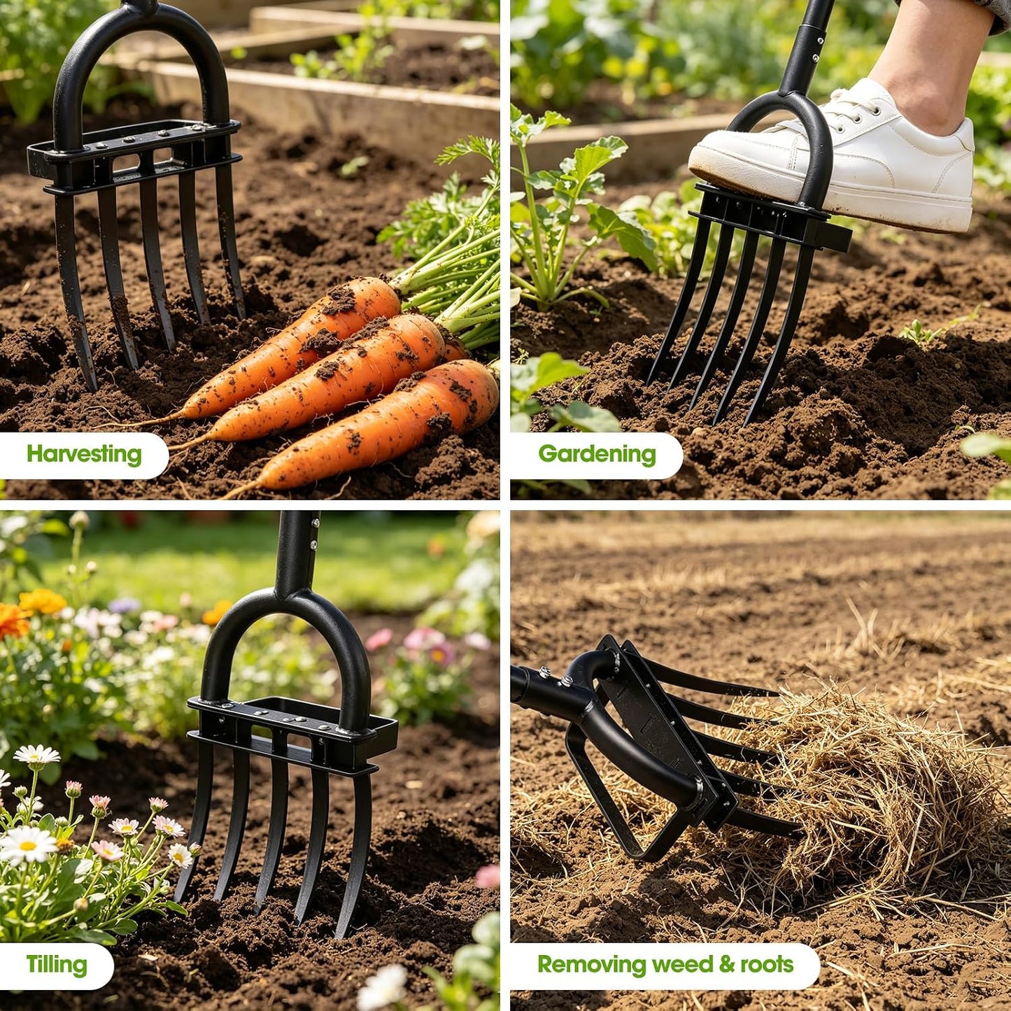 Broad Fork Garden Tool, 63" Heavy Duty Broadfork Hand Tiller with Double 5+4 Sharp Tines, Garden Pitchfork with Ergonomic D-Shaped Handle, Spading Dig