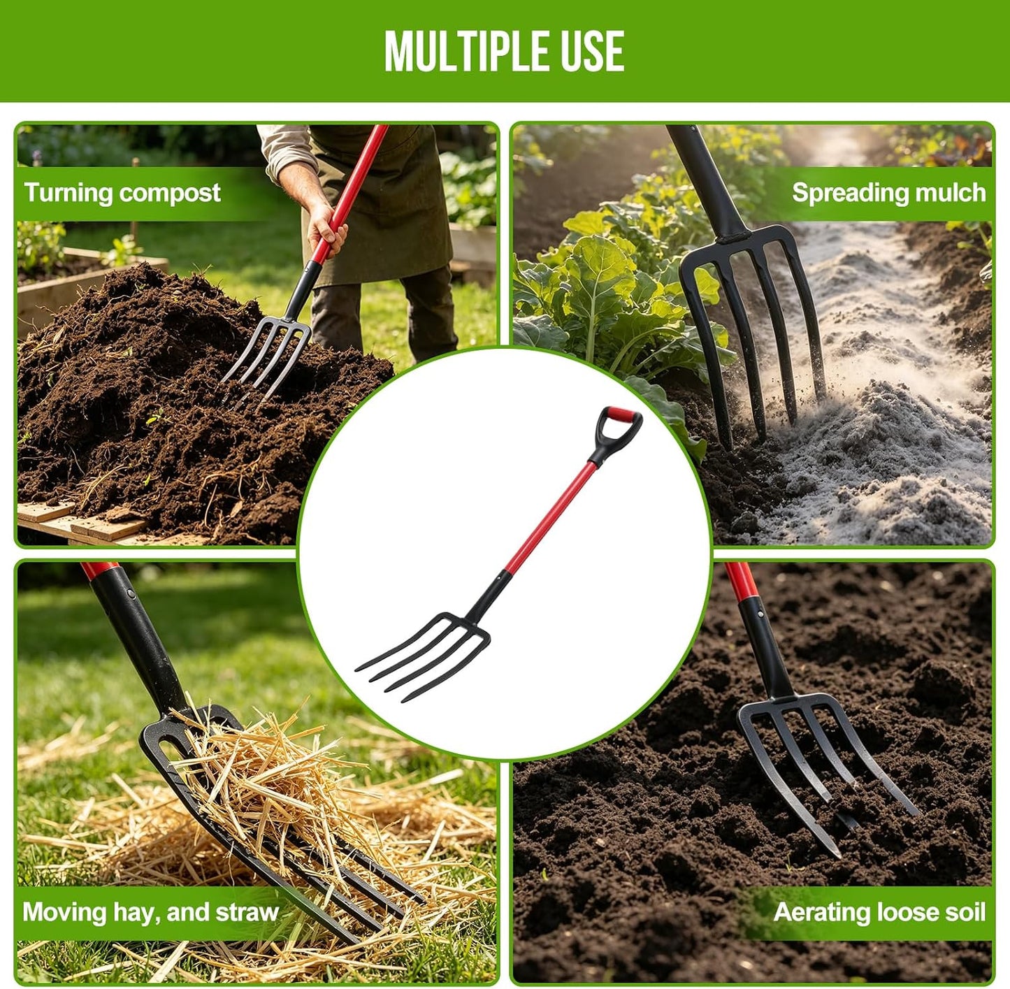 Broad Fork Garden Tool, 63" Heavy Duty Broadfork Hand Tiller with Double 5+4 Sharp Tines, Garden Pitchfork with Ergonomic D-Shaped Handle, Spading Dig