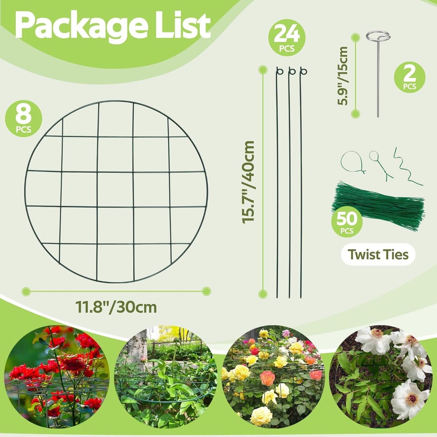 8 Pack Peony Cages and Supports - Grow Through Plant Support for Outdoor Plants - Sturdy Metal Support Frame for Peonies, Roses Flower Garden Cage - Wide Top Rings Bouquet Shape 12" D x 16" H
