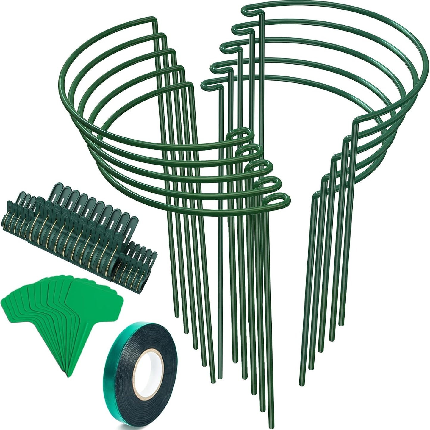 10 Pack Plant Support Stakes, 10" W x 16" H Half Round Peony Cages and Supports, Metal Peony Cage Plant Ring for Outdoor Plants Tomato Flower Vine, with Garden Labels, Clips and Ties
