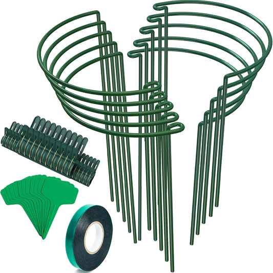 10 Pack Plant Support Stakes, 10" W x 16" H Half Round Peony Cages and Supports, Metal Peony Cage Plant Ring for Outdoor Plants Tomato Flower Vine, with Garden Labels, Clips and Ties