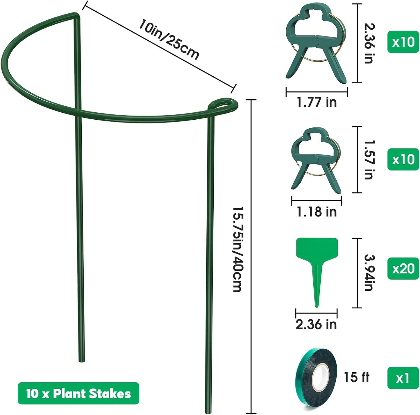 10 Pack Plant Support Stakes, 10" W x 16" H Half Round Peony Cages and Supports, Metal Peony Cage Plant Ring for Outdoor Plants Tomato Flower Vine, with Garden Labels, Clips and Ties