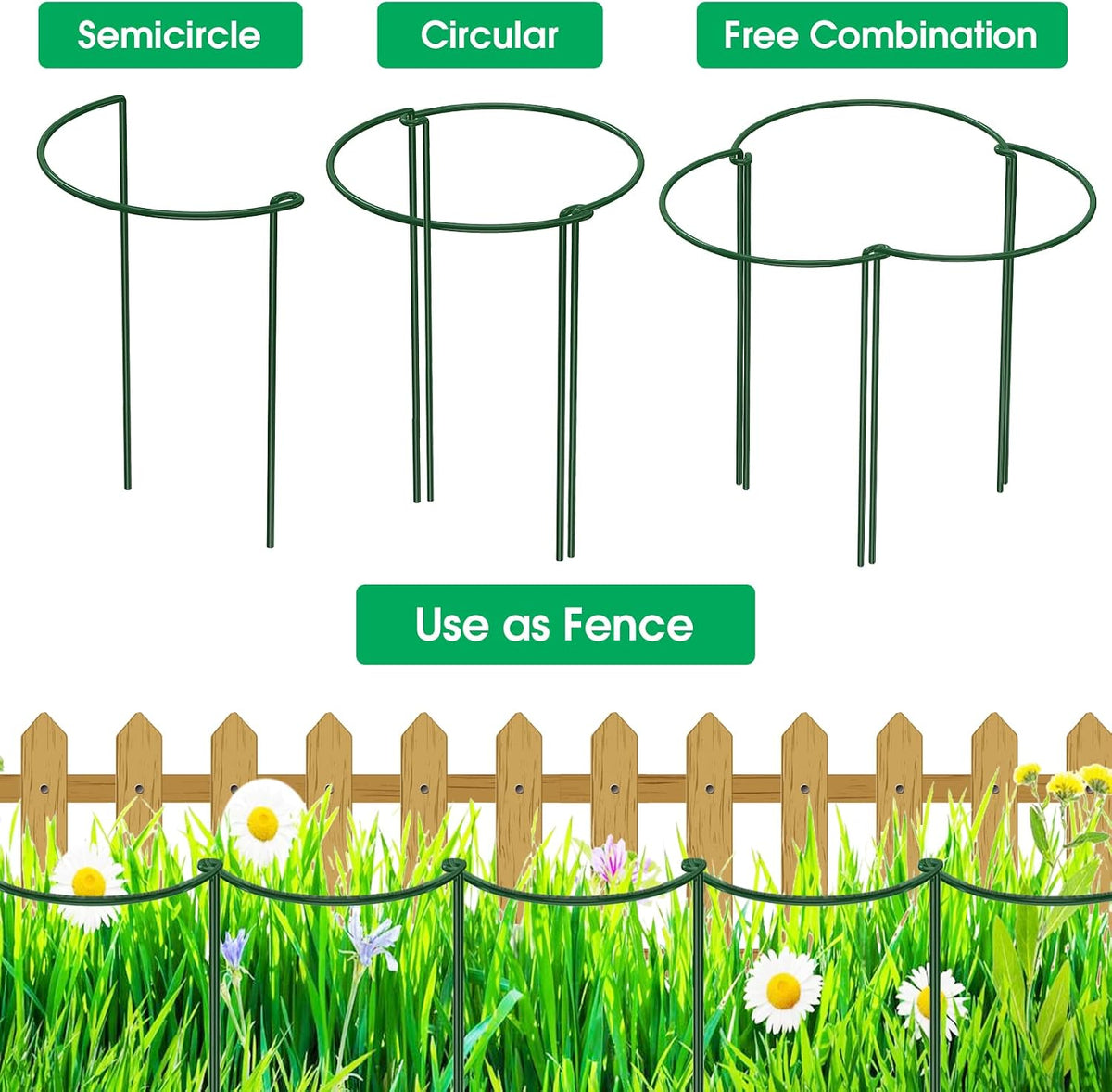 10 Pack Plant Support Stakes, 10" W x 16" H Half Round Peony Cages and Supports, Metal Peony Cage Plant Ring for Outdoor Plants Tomato Flower Vine, with Garden Labels, Clips and Ties
