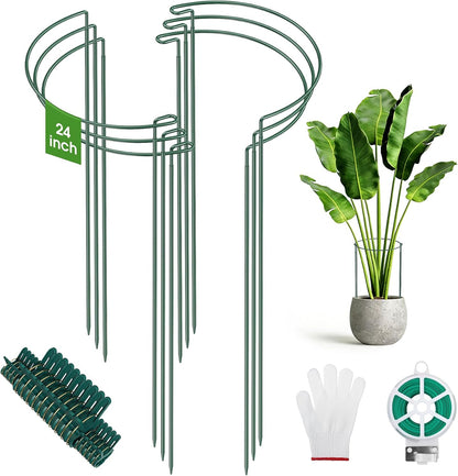 10 Pack Plant Support Stakes, 10" W x 16" H Half Round Peony Cages and Supports, Metal Peony Cage Plant Ring for Outdoor Plants Tomato Flower Vine, with Garden Labels, Clips and Ties