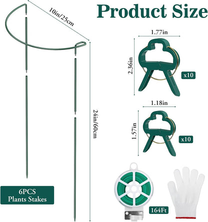 10 Pack Plant Support Stakes, 10" W x 16" H Half Round Peony Cages and Supports, Metal Peony Cage Plant Ring for Outdoor Plants Tomato Flower Vine, with Garden Labels, Clips and Ties