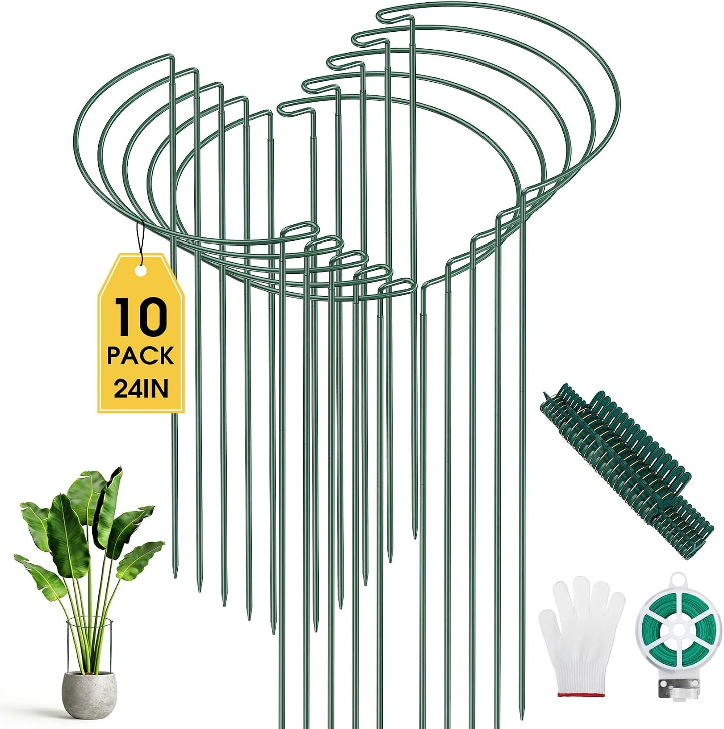 10 Pack Plant Support Stakes, 10" W x 16" H Half Round Peony Cages and Supports, Metal Peony Cage Plant Ring for Outdoor Plants Tomato Flower Vine, with Garden Labels, Clips and Ties