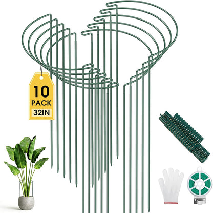 10 Pack Plant Support Stakes, 10" W x 16" H Half Round Peony Cages and Supports, Metal Peony Cage Plant Ring for Outdoor Plants Tomato Flower Vine, with Garden Labels, Clips and Ties