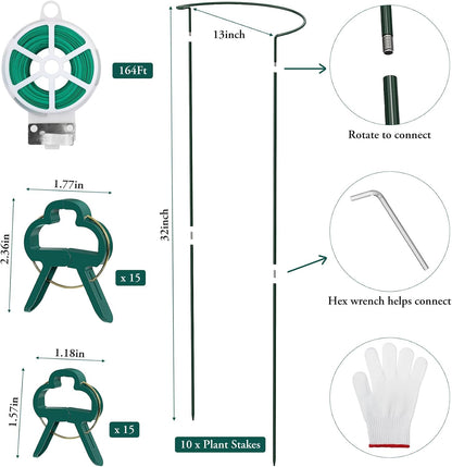 10 Pack Plant Support Stakes, 10" W x 16" H Half Round Peony Cages and Supports, Metal Peony Cage Plant Ring for Outdoor Plants Tomato Flower Vine, with Garden Labels, Clips and Ties