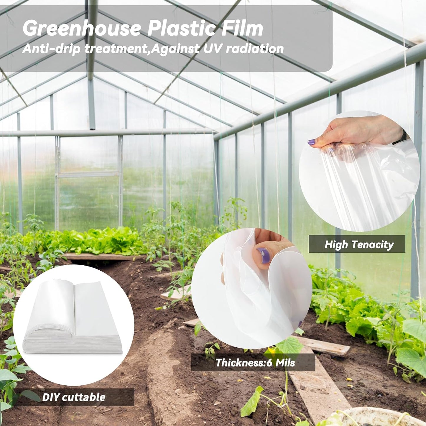 Greenhouse Plastic Sheeting 8' x 25' 6 Mil, Clear UV Resistant Heavy Duty Polyethylene Film, Thick Greenhouse Cover for Garden, Farm, Agriculture