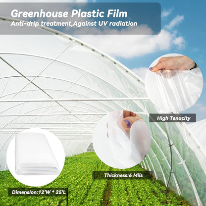 Greenhouse Plastic Sheeting 8' x 25' 6 Mil, Clear UV Resistant Heavy Duty Polyethylene Film, Thick Greenhouse Cover for Garden, Farm, Agriculture