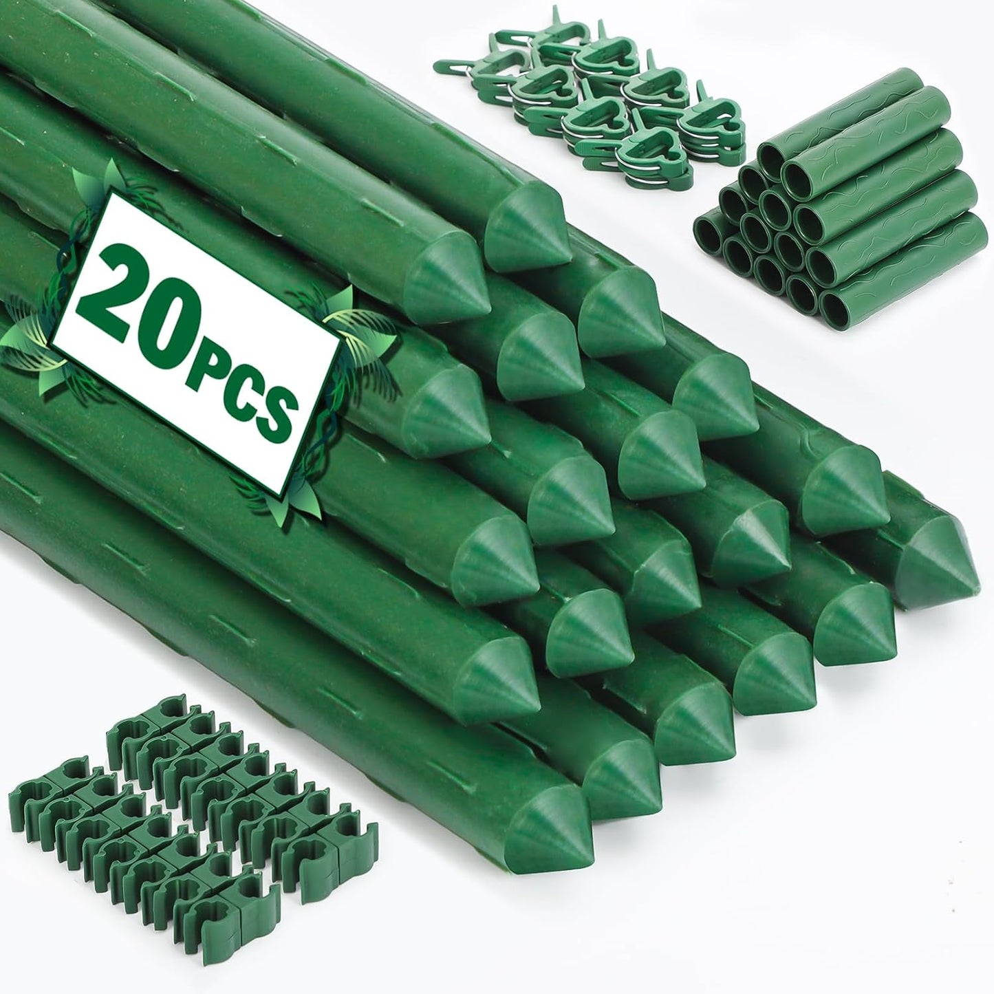 Garden Stakes 20 Pack, 16 Inch Plastic Coated Metal Plant Support Stakes, Sturdy Tomato Stakes with 14 Connectors 14 Rotatable Clips 14 Plant Clips for Indoor Outdoor Vegetables